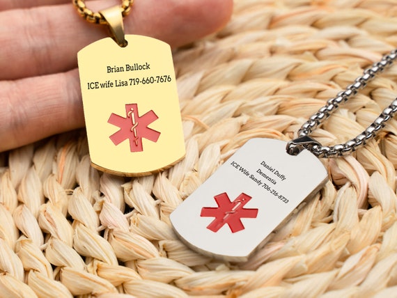Collana Medical Alert Personalizzata In Acciaio Inox Con Tesserino Di Emergenza - Uomo E Donna