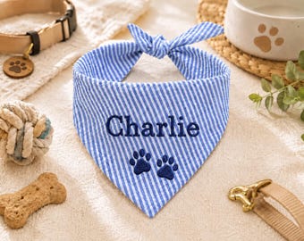 Personalized Embroidered Dog Bandana, Custom Name Seersucker Pet Scarf, Puppy Neckwear, Small Large Dog Gift