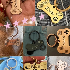 Puede incluir: Una colecci&oacute;n de etiquetas personalizadas en forma de hueso de perro con diferentes nombres y dise&ntilde;os. Las etiquetas est&aacute;n hechas de metal y tienen un acabado pulido. Algunas etiquetas presentan huellas de patas, flores y estrellas. Las etiquetas est&aacute;n unidas a llaveros.