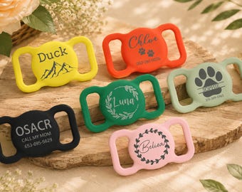 Personalized Pet Apple Air Tag Pet ID tag Holder for Dog Collar Personalized Engraved Airtag Case Silicone Pet Collar Holder AirTag Cover