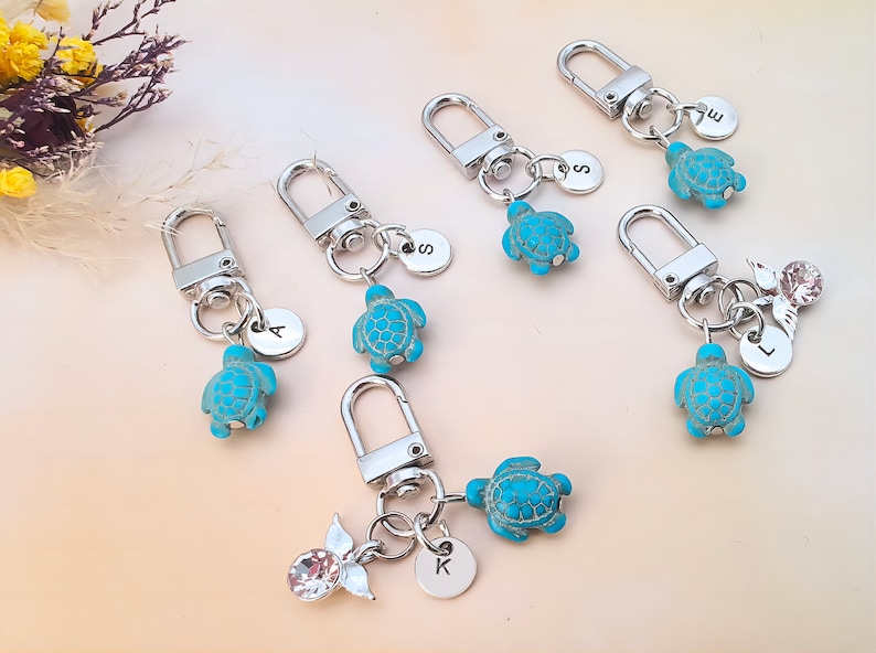 Tiny Sea Turtle Keychain With Letter,turtle Keyring,personalised Gift ...
