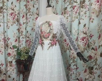 Vintage original decoupage lace bridal dress fairycore cottage prairie cottagecore reworked vintage wedding