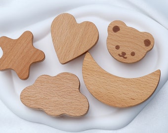 Boutons de tiroir en bois coeur lune ours nuage étoile, boutons de commode en bois de hêtre, poignées de garde-robe, poignée de porte d'armoire, poignées de porte, boutons de chambre d'enfant