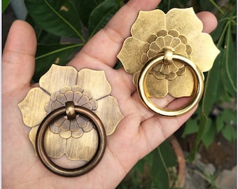 Antique Bronze Brass Drawer Knob Drop Ring Pulls lotus Dresser Pulls  Kitchen Cabinet Door Knobs Handles Cupboard Hardware Decor