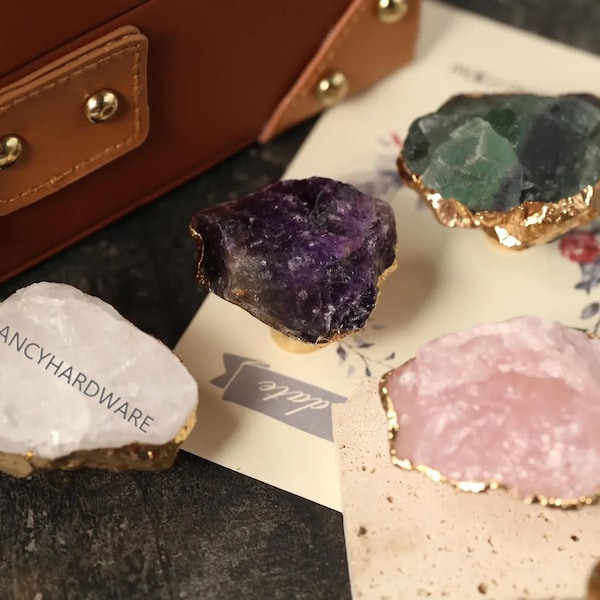 Perillas de un solo orificio con borde de cristal natural dorado para el hogar/Tiradores de cajón/Tiradores de gabinete grabados personalizados/Tirador de armario de cocina/Perilla de cristal irregular