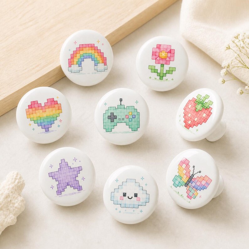 Pode incluir: Um conjunto de oito puxadores redondos de cer&acirc;mica branca, cada um com um design &uacute;nico de pixel art, incluindo um arco-&iacute;ris, uma flor rosa, um cora&ccedil;&atilde;o, um comando de jogo verde, um morango vermelho, uma estrela roxa, uma nuvem sorridente e uma borboleta.