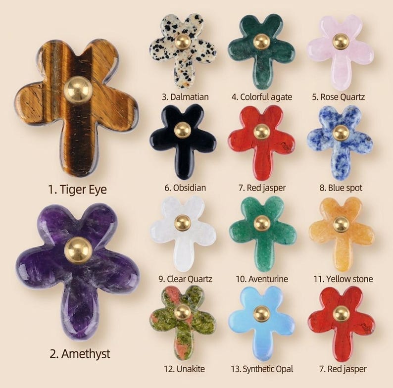 May include: A collection of thirteen flower-shaped buttons made from various stones and minerals, each featuring a central gold-toned metal stud. The set includes Tiger Eye, Amethyst, Dalmatian, Colourful agate, Rose Quartz, Obsidian, Red jasper, Blue spot, Clear Quartz, Aventurine, Yellow stone, Unakite, and Synthetic Opal.