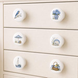Gałki ceramiczne do szuflad Hortensja/Gałki do szafek Bluebird/Uchwyty do pokoju dziecięcego Hamptons Coastal/Gałki do komody domowej/Gałki do szafy muszlowej zdjęcie 4