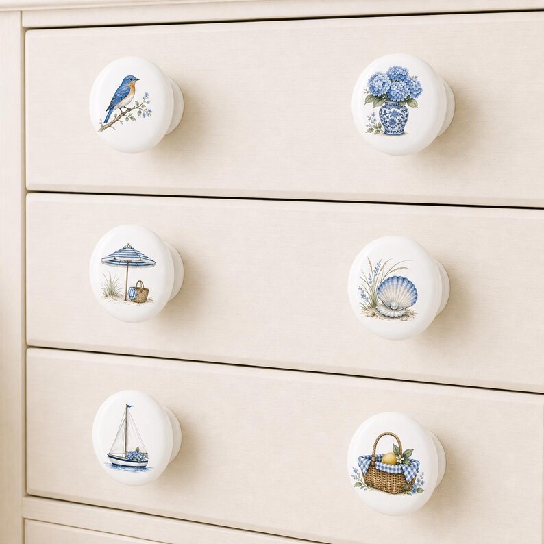Gałki ceramiczne do szuflad Hortensja/Gałki do szafek Bluebird/Uchwyty do pokoju dziecięcego Hamptons Coastal/Gałki do komody domowej/Gałki do szafy muszlowej zdjęcie 4