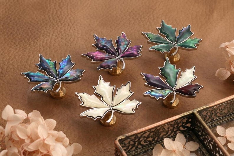 Maple leaf Dresser knobs/Abalone shell Drawer pull/Custom Engraved Cabinet handles/Wardrobe Door Pulls/Nursery bedroom decor Knobs image 1
