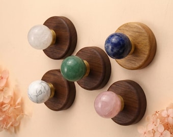 Natural ball Crystal Gemstone Hooks,Lapis Quartz  Jade Wood Brass Coat Hooks, Boho Home Decor, Rustic Wall Pegs,Walnut Beech base hook
