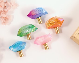 Boutons de couleur de galvanoplastie en cristal blanc naturel/Poignées de tiroir en cristal uniques/Poignées d'armoire gravées sur mesure/Poignées de garde-robe/Boutons de commode