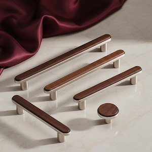 Walnut with metal handle Modern solid wood pull Custom Engraved Flat drawer knob Wardrobe pulls Kitchen cupboard wood handles Cabinet knobs