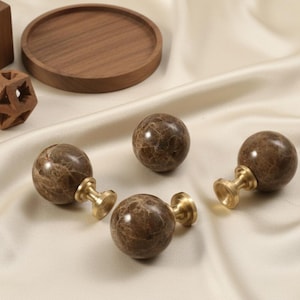 Dark Emperor Marble ball knob/Modern Drawer handle/Custom Engraved Cabinet Pull/Wardrobe Dresser knob with brass base/Cupboard handle knob