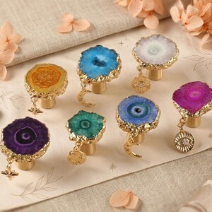 Natural Agate Crystal Gold Edging knobs/Irregular Ore Drawer pulls/Cabinet Pulls with Pendant/Wardrobe Handles/kitchen Knobs/Dresser pulls