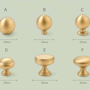 May include: Six brass-colored cabinet knobs labeled A through F. Knobs A, B, C, D, and F measure 25mm in diameter, while knob E measures 30mm in diameter. Each knob features a smooth, metallic finish and a distinct shape, including spherical and flat-topped designs.