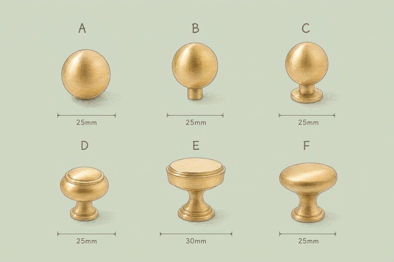 May include: Six brass-colored cabinet knobs labeled A through F. Knobs A, B, C, D, and F measure 25mm in diameter, while knob E measures 30mm in diameter. Each knob features a smooth, metallic finish and a distinct shape, including spherical and flat-topped designs.