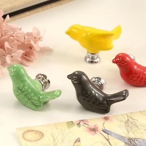 Ceramic Dove Drawer Knobs/Children room Birds dresser pulls/Custom Engraved Cabinet handles/Wardrobe Door Pulls/Silver base Kitchen handles