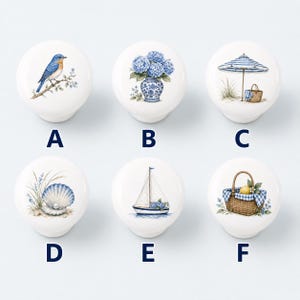 Gałki ceramiczne do szuflad Hortensja/Gałki do szafek Bluebird/Uchwyty do pokoju dziecięcego Hamptons Coastal/Gałki do komody domowej/Gałki do szafy muszlowej zdjęcie 2