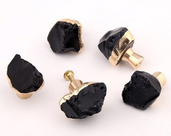 Obsidian Einloch Knäufe/Gold eingefasste Kristall Schubladengriffe/Schrankgriffe/Garderobe/Unregelmäßiger Kristallknopf