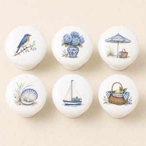Hydrangea Ceramic Drawer Knobs/Bluebird Cabinet Door Pulls/Hamptons coastal Children room Handles/Home Dresser Knob/Shell Wardrobe knobs