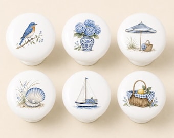 Hydrangea Ceramic Drawer Knobs/Bluebird Cabinet Door Pulls/Hamptons coastal Children room Handles/Home Dresser Knob/Shell Wardrobe knobs
