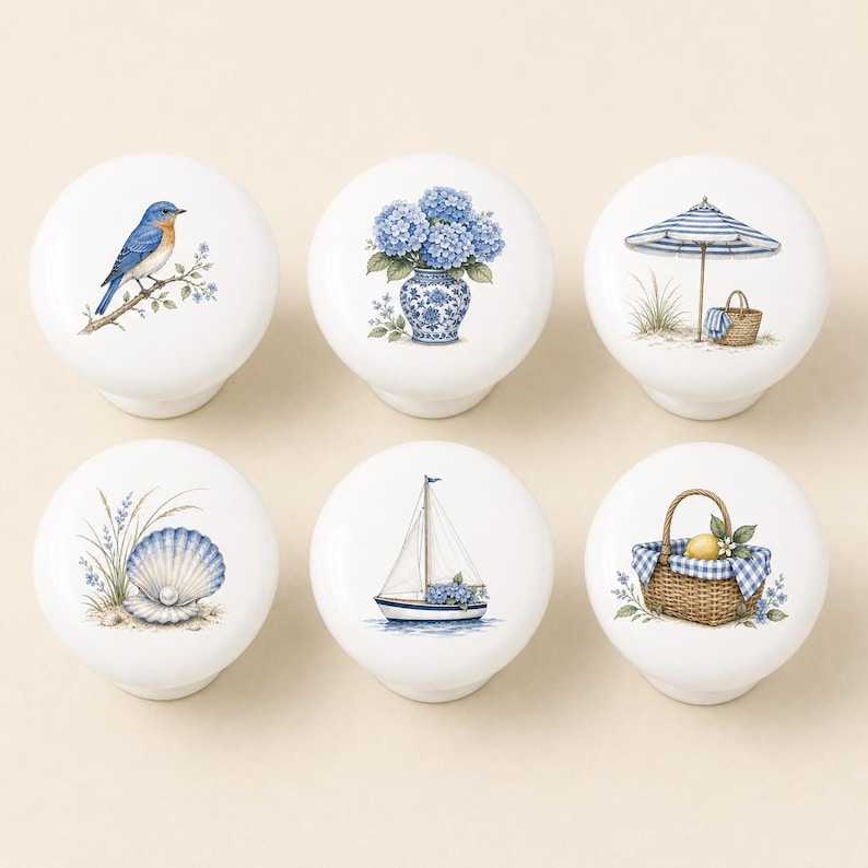 Gałki ceramiczne do szuflad Hortensja/Gałki do szafek Bluebird/Uchwyty do pokoju dziecięcego Hamptons Coastal/Gałki do komody domowej/Gałki do szafy muszlowej zdjęcie 1