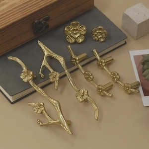 Plum blossom Knobs/Solid brass Flower Drawer Handles/Flower Branch Cabinet Pulls/Custom Engraved Wardrobe Door Pulls/Cupboard Dresser knobs