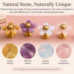 May include: Six flower-shaped cabinet knobs made of natural stone and quartz with gold-tone metal centres. The text reads: Natural Stone, Naturally Unique. These knobs are made of natural stone and quartz, the colour and pattern will with differences in each knob, not exactly the same. Each piece is one of a kind, just like nature intended.