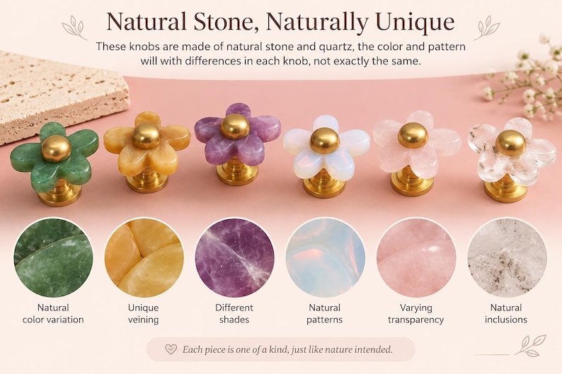 May include: Six flower-shaped cabinet knobs made of natural stone and quartz with gold-tone metal centres. The text reads: Natural Stone, Naturally Unique. These knobs are made of natural stone and quartz, the colour and pattern will with differences in each knob, not exactly the same. Each piece is one of a kind, just like nature intended.