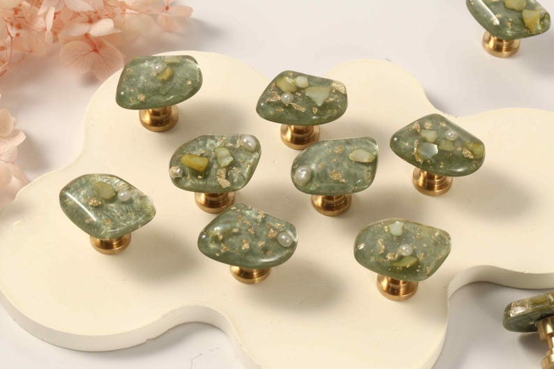 Glass Green knobs and Pulls/Mini compact Cabinet Pulls/Wardrobe Pull/Irregular Drawer handles/Cupboard Knobs/Door Pulls/Dresser Handles image 1