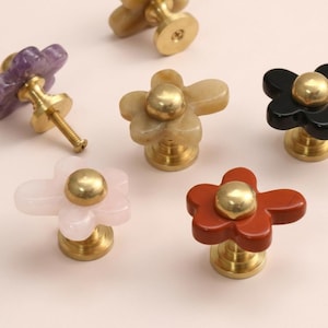 May include: A collection of six flower-shaped cabinet knobs featuring smooth, polished stone petals in purple, beige, black, light pink, and reddish-brown, each centred with a round, metallic gold-toned brass base and mounting hardware.
