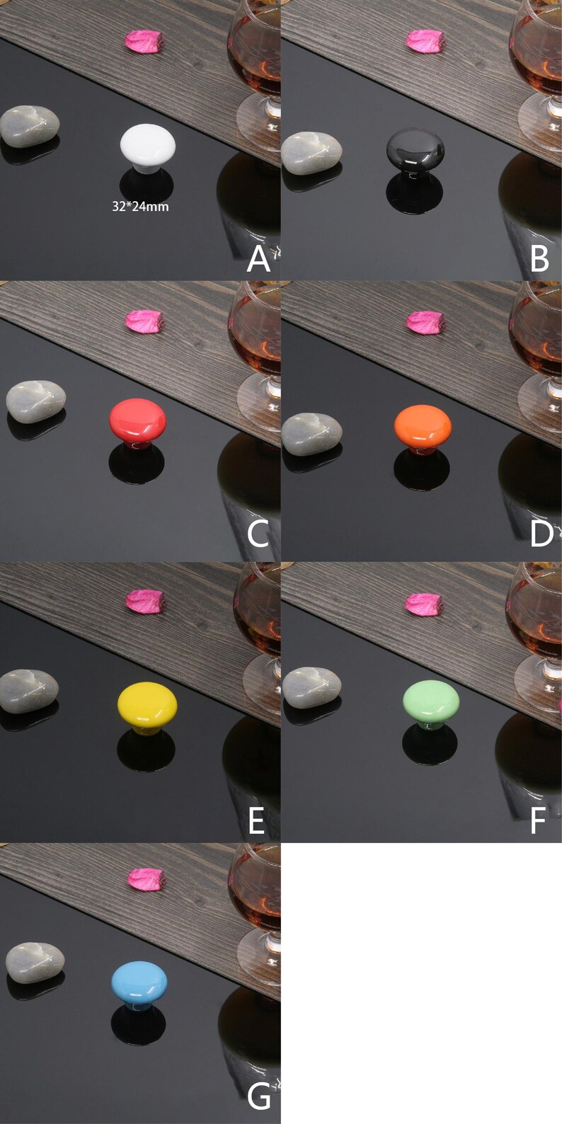 K&ouml;nnte beinhalten: Eine Auswahl an farbenfrohen Schrankkn&ouml;pfen in verschiedenen Farben, darunter Wei&szlig;, Schwarz, Rot, Orange, Gelb, Gr&uuml;n und Blau. Jeder Knopf ist rund und hat einen Stiel zur Befestigung. Der wei&szlig;e Knopf ist mit den Ma&szlig;en 32*24mm beschriftet.