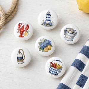 Keramik-Kommodenknöpfe aus Nantucket-Keramik/Schubladenknöpfe mit Hummer- und Zitronenmotiv/Kinderzimmergriffe/Tür- und Schrankgriffe/Küchengriffe im Bake-Stil/Kleiderschrankgriffe