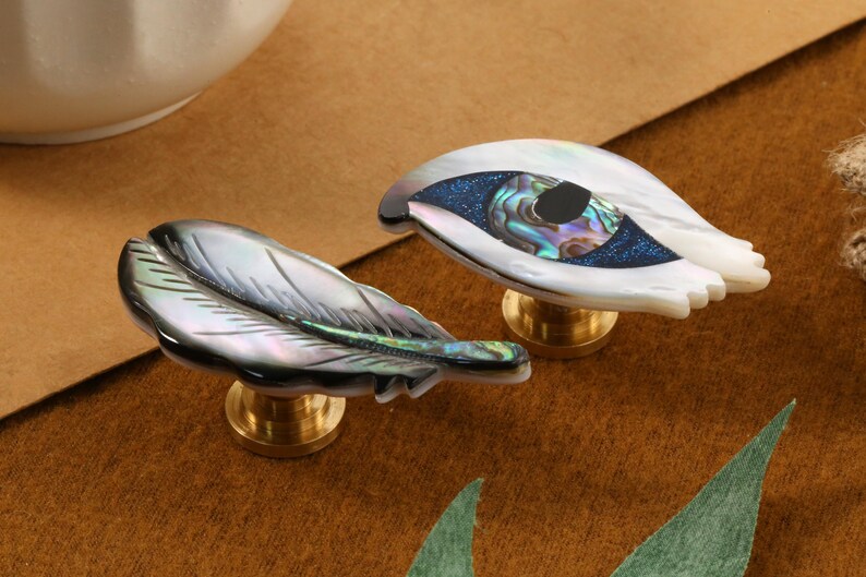 Eye Feather abalone shell knobs/Nature shell Drawer pull/Custom Engraved Cabinet handles/Wardrobe Pulls/Nursery bedroom decorative Knobs image 2