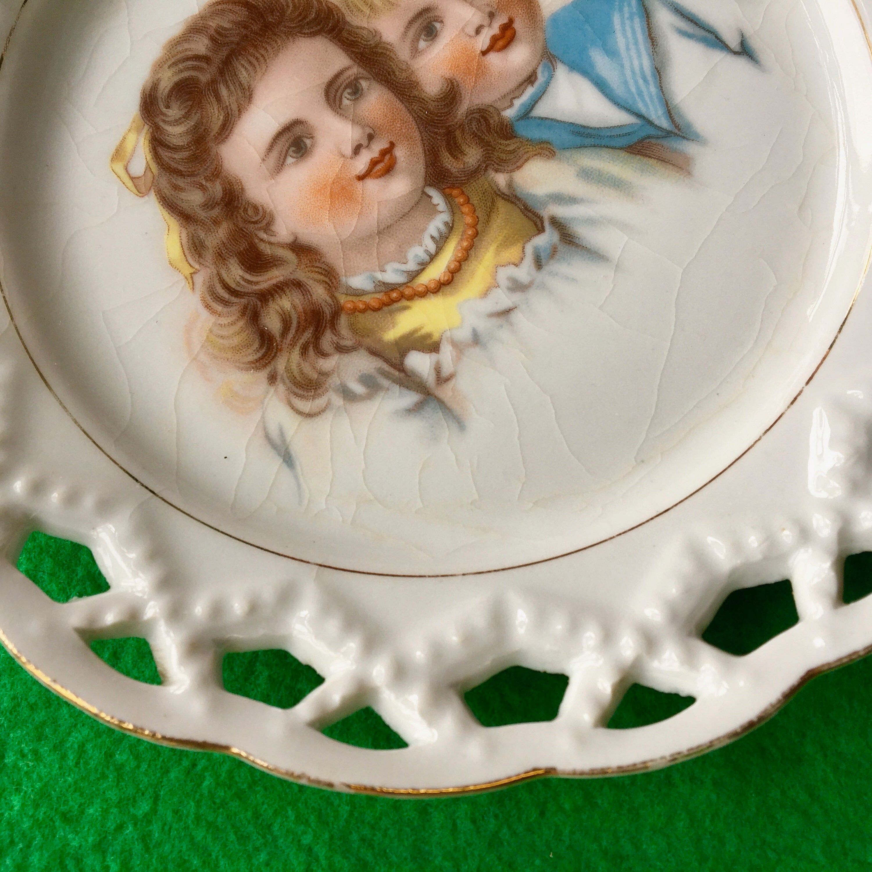 Vintage Pierced Lace Ribbon Plate With Edwardian Children Etsy