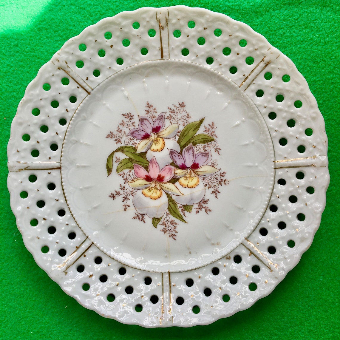 Vintage Pierced Lace Ribbon Plate With Orchids Etsy
