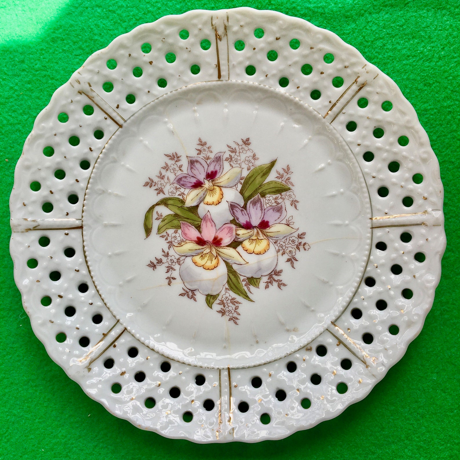 Vintage Pierced Lace Ribbon Plate With Orchids Etsy