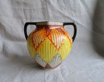 RARE Crown Devon Fielding's Diamond Pattern Vase, art deco vase c.1930s, cubist vase, orange and black vase, Crown Devon vase, 1920s vase