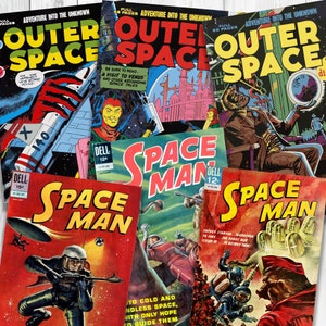 1950&#39;s Sci Fi Comic Book Art Bundle of 6 Download & Print Files ai, svg, png and jpeg formats - Perfect for Print on Demand