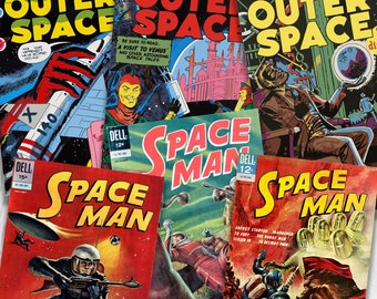 1950's Sci Fi Comic Book Art Bundle of 6 Download & Print Files ai, svg, png and jpeg formats - Perfect for Print on Demand