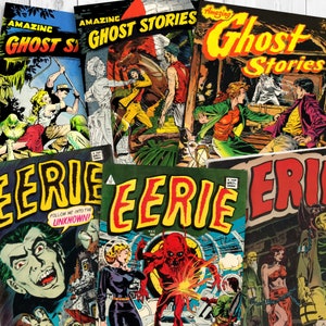 May include: A collection of vintage comic books featuring the words "Amazing Ghost Stories" and "Eerie" on the covers. The covers are in various shades of red, yellow, green, and black. The comics feature illustrations of ghosts, monsters, and spooky scenes.