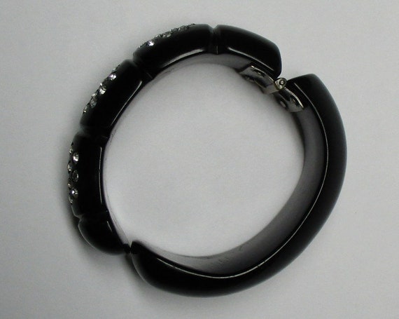 Bakelite bracelet . black with rhinestones , hing… - image 7