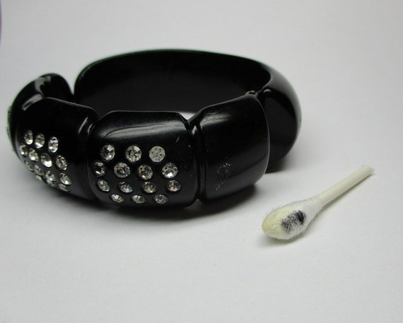 Bakelite bracelet . black with rhinestones , hing… - image 8