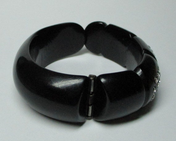 Bakelite bracelet . black with rhinestones , hing… - image 5
