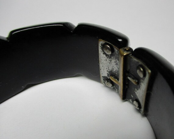 Bakelite bracelet . black with rhinestones , hing… - image 6