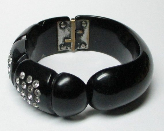 Bakelite bracelet . black with rhinestones , hing… - image 3