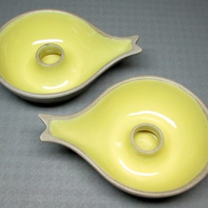 PIGEON FORGE pottery candle holder pair , yellow glaze interior and raw gray clay exterior , mid-century modern shape (3390)