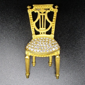Karl Lagerfeld Chair Pin Brooch  Rhinestone French Lyre  signed  Brushed Gold vintage 1980’s (1629/5)