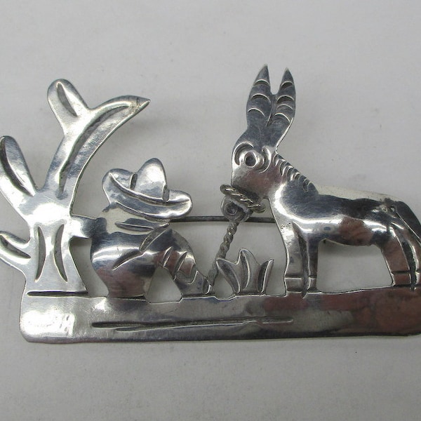 Siesta man , donkey , cactus sterling silver / 925 Mexico pin/brooch Plata  MOC clasp flaw (inv#1943)